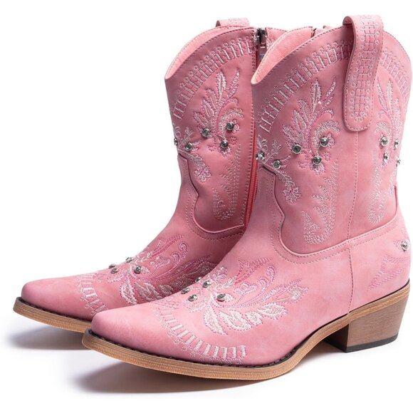 Women Pink Cowgirl with Sparkly Embroidered Rhinestone Short Western Ankle Boot - Picture 2 of 7